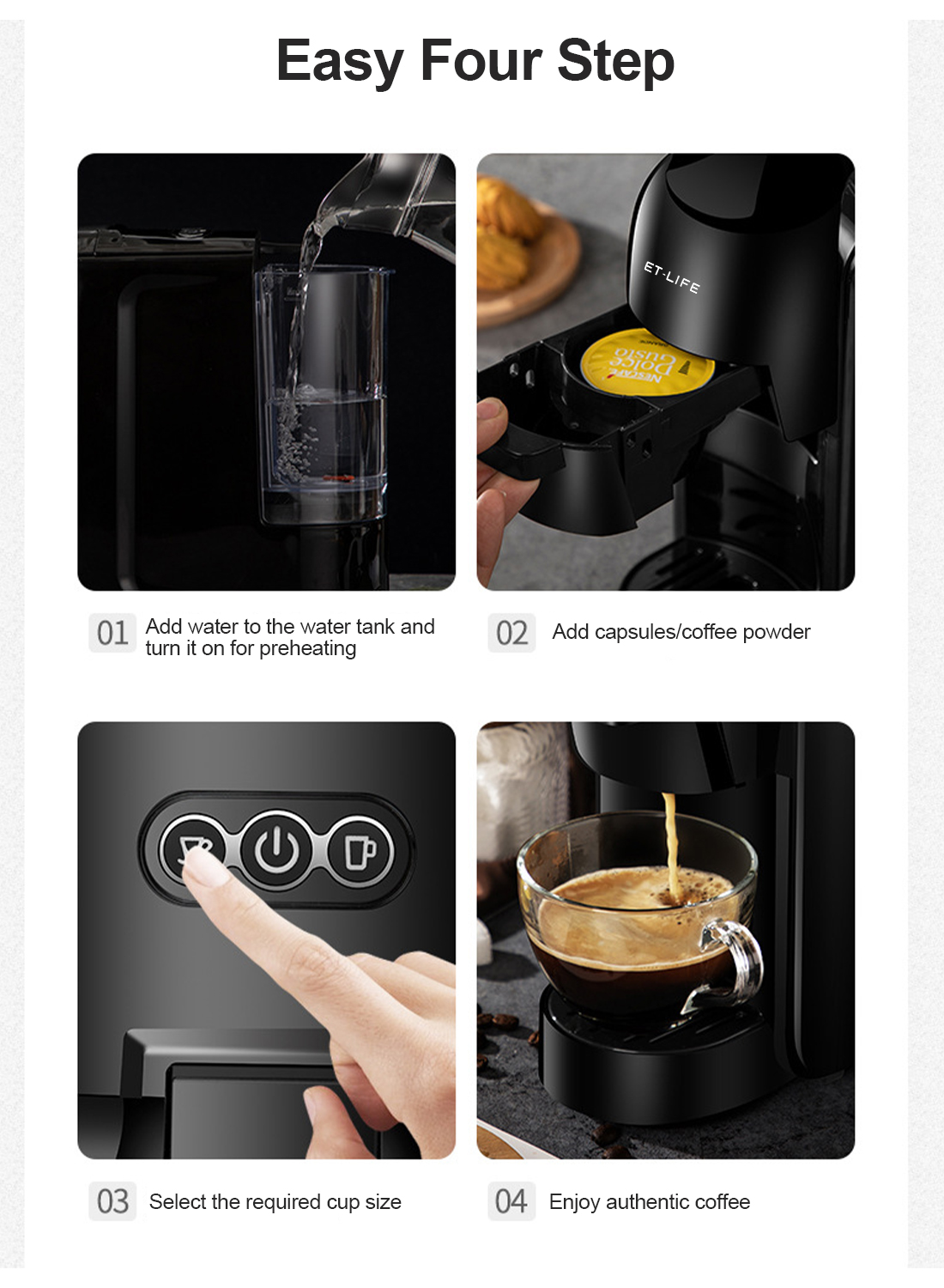 19Bar 3-in-1 Capsule Espresso Coffee Maker for Nespresso/Dolce Gusto/Coffee Powder 600ml 1450W ST-511 Black