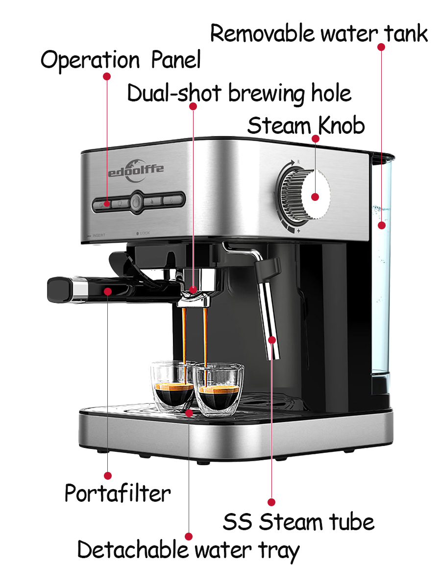 15Bar Espresso Coffee Machine with Milk Foaming Steam Wand 1.4L 1050 W MD-2009 Silver/Black