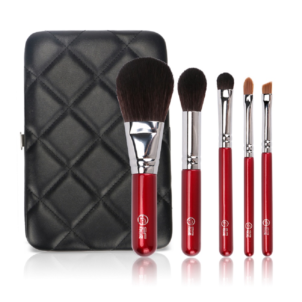 5 cosmetic brushes, high-end leather U snap-on cosmetic bag, external black embossed flower box