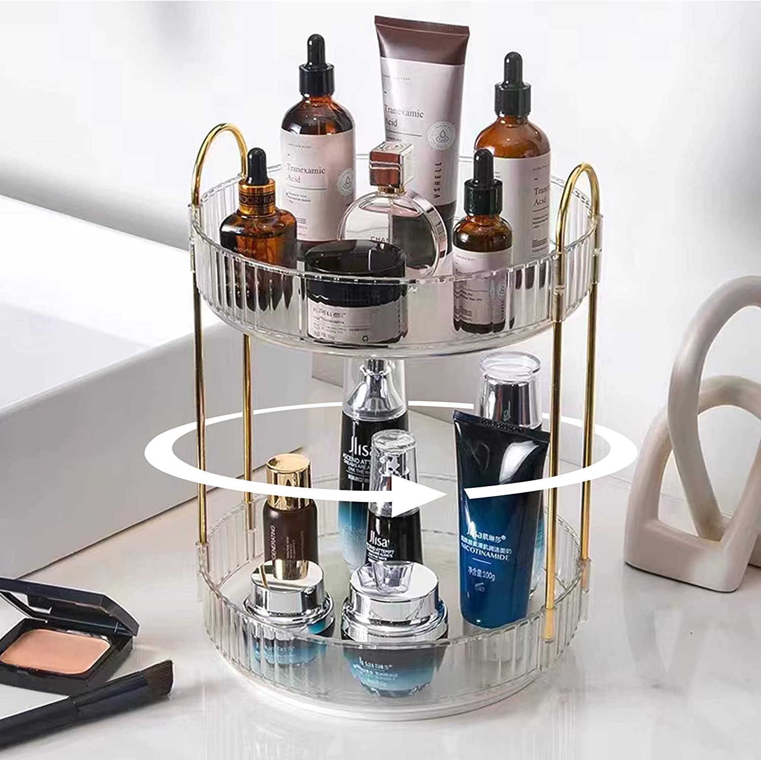 Rotating Makeup Organizer for Vanity 2 Tier, High-Capacity Skincare Clear Make Up Storage Perfume Organizers Cosmetic Dresser Organizer Countertop 360 Spinning