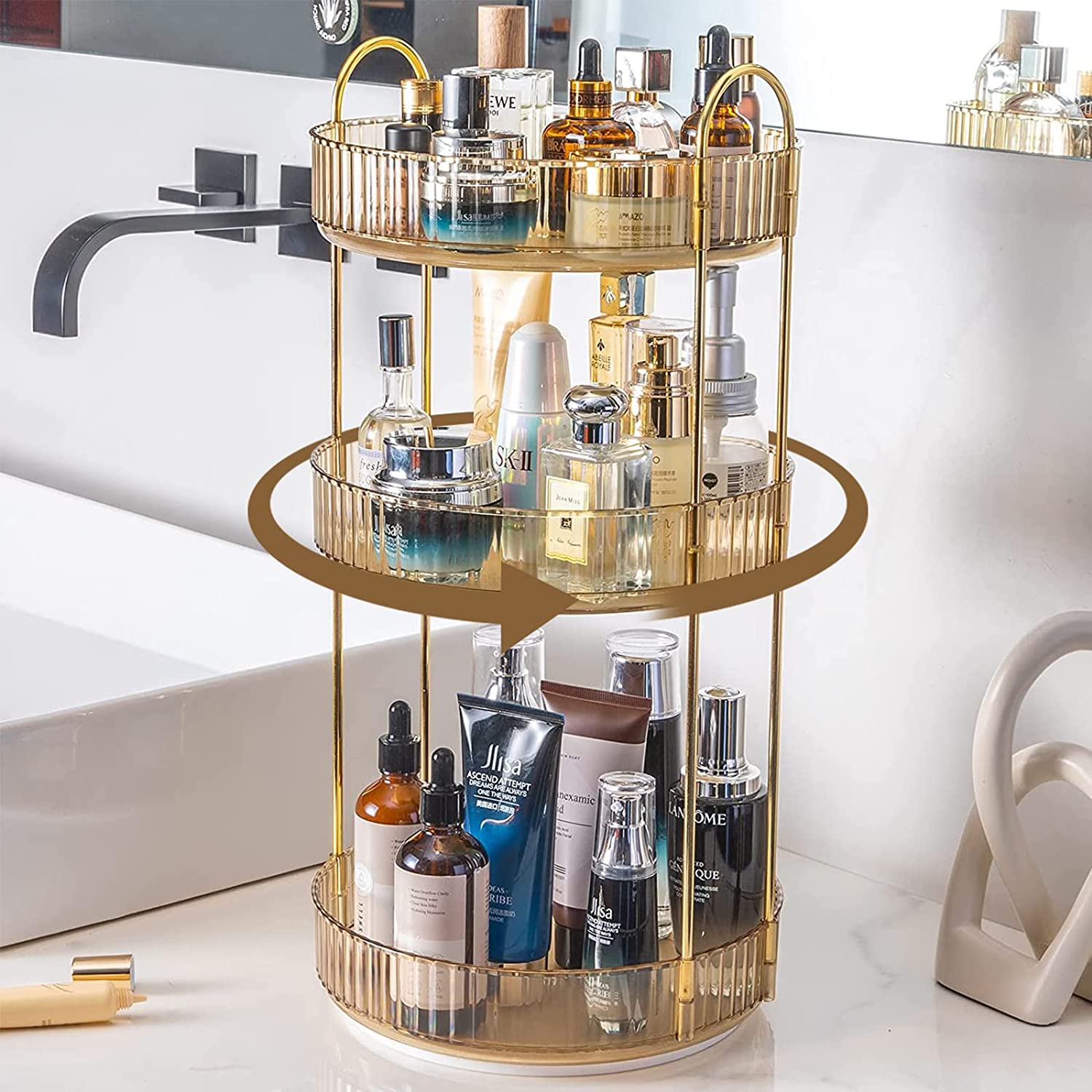 Rotating Makeup Organizer for Vanity 3 Tier, High-Capacity Skincare Clear Make Up Storage Perfume Organizers Cosmetic Dresser Organizer Countertop 360 Spinning
