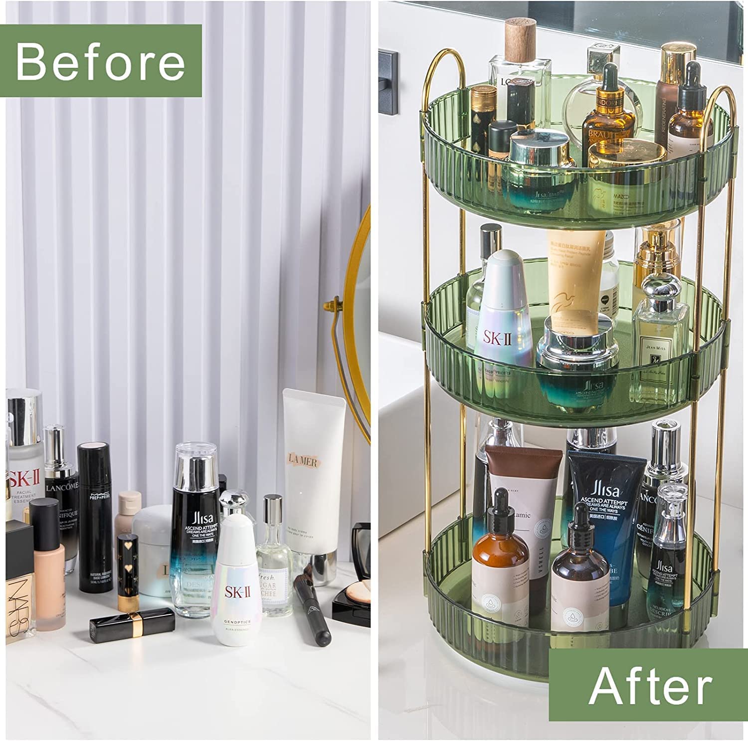 Rotating Makeup Organizer for Vanity 3 Tier, High-Capacity Skincare Clear Make Up Storage Perfume Organizers Cosmetic Dresser Organizer Countertop 360 Spinning