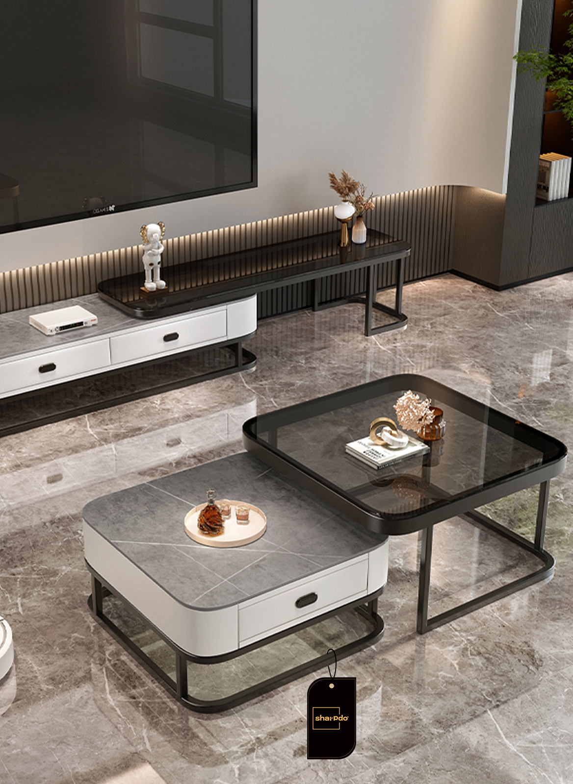 Modern Nesting Table Set, Minimalist Living Room Coffee Table Set, Square-shaped End Table(70*70*45&60*60*38CM)