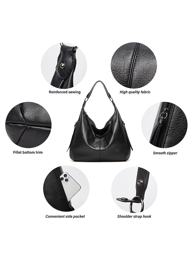 3-Piece Retro Soft PU Leather Large Capacity Ladies Handbag for Women One Shoulder Adjustable Strap Cross-body Hobo Totes Zipper Bag with Wallet for Shopping Travel Black