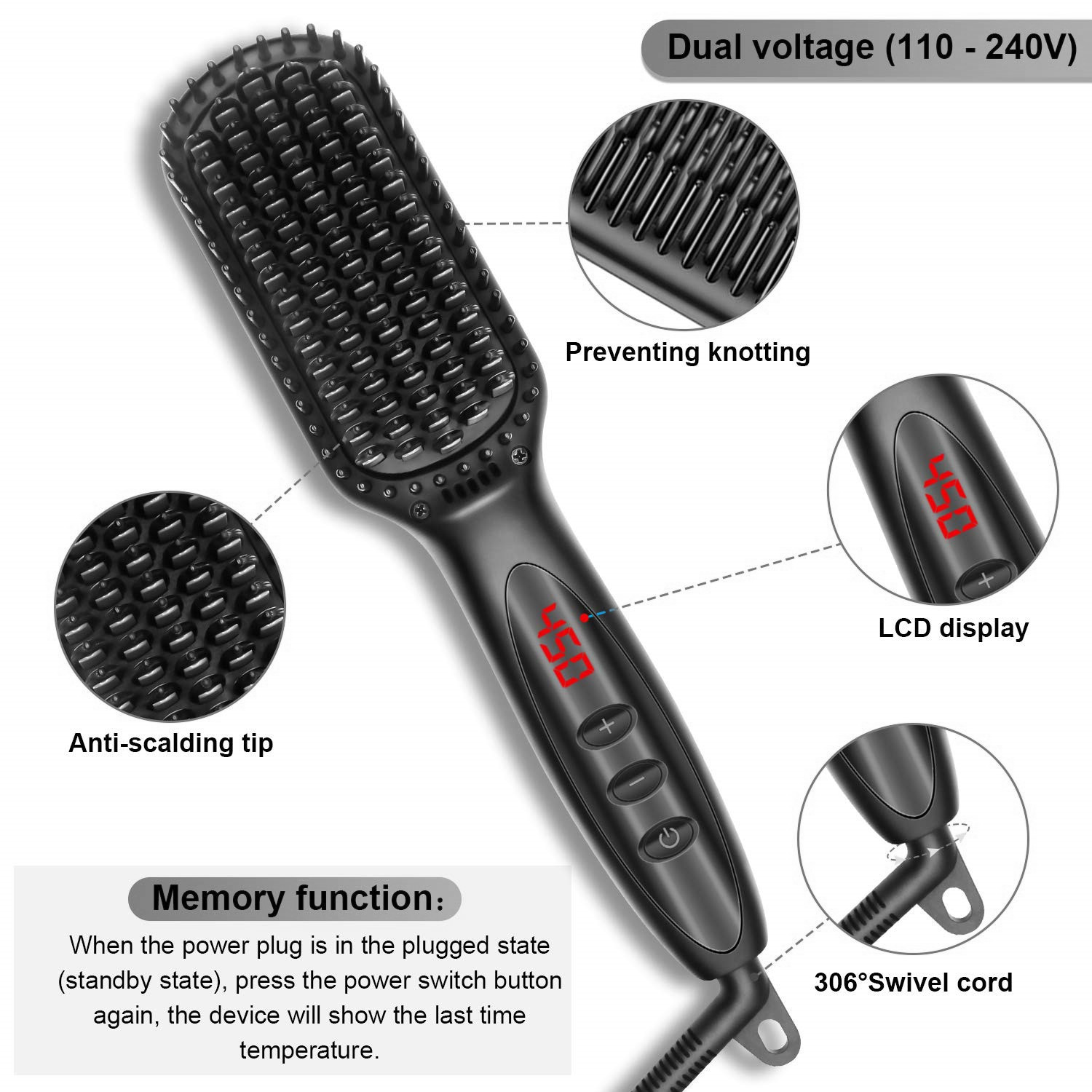 Hair Straightener Brush, Sharpdo Ionic Hair Straightening Brush with Fast MCH Ceramic Heating, Anti-Scald, Auto Temperature Lock and Auto-Off Function, Portable Straightening Comb for Home and Travel