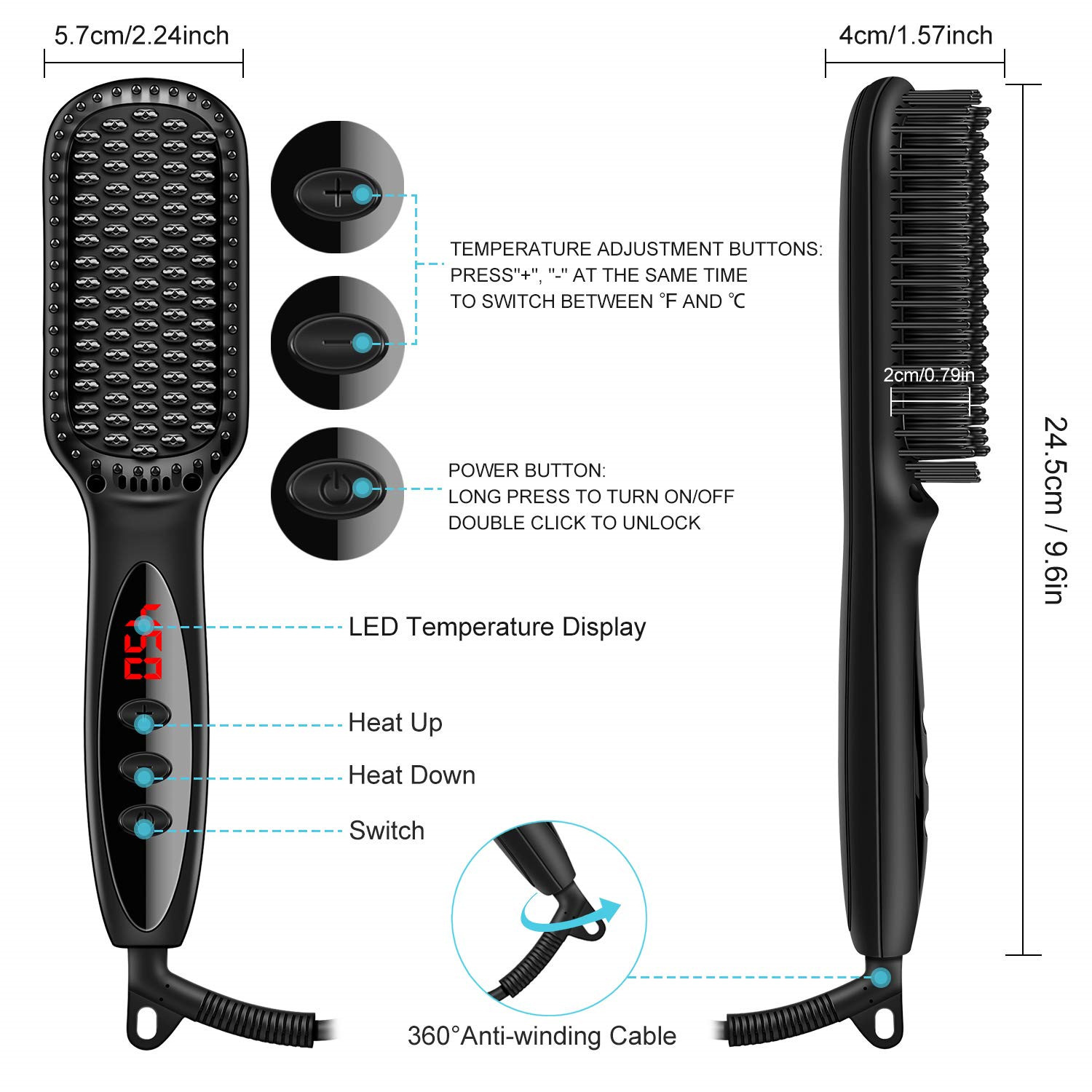 Hair Straightener Brush, Sharpdo Ionic Hair Straightening Brush with Fast MCH Ceramic Heating, Anti-Scald, Auto Temperature Lock and Auto-Off Function, Portable Straightening Comb for Home and Travel