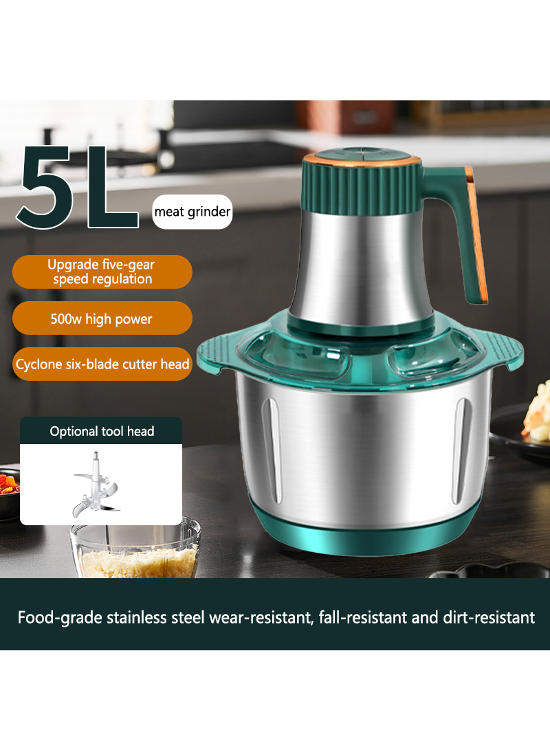 5-Speeds Electric Food Chopper Meat Grinder with 304 Stainless Steel Bowl 5L 400W F31 Green/Silver