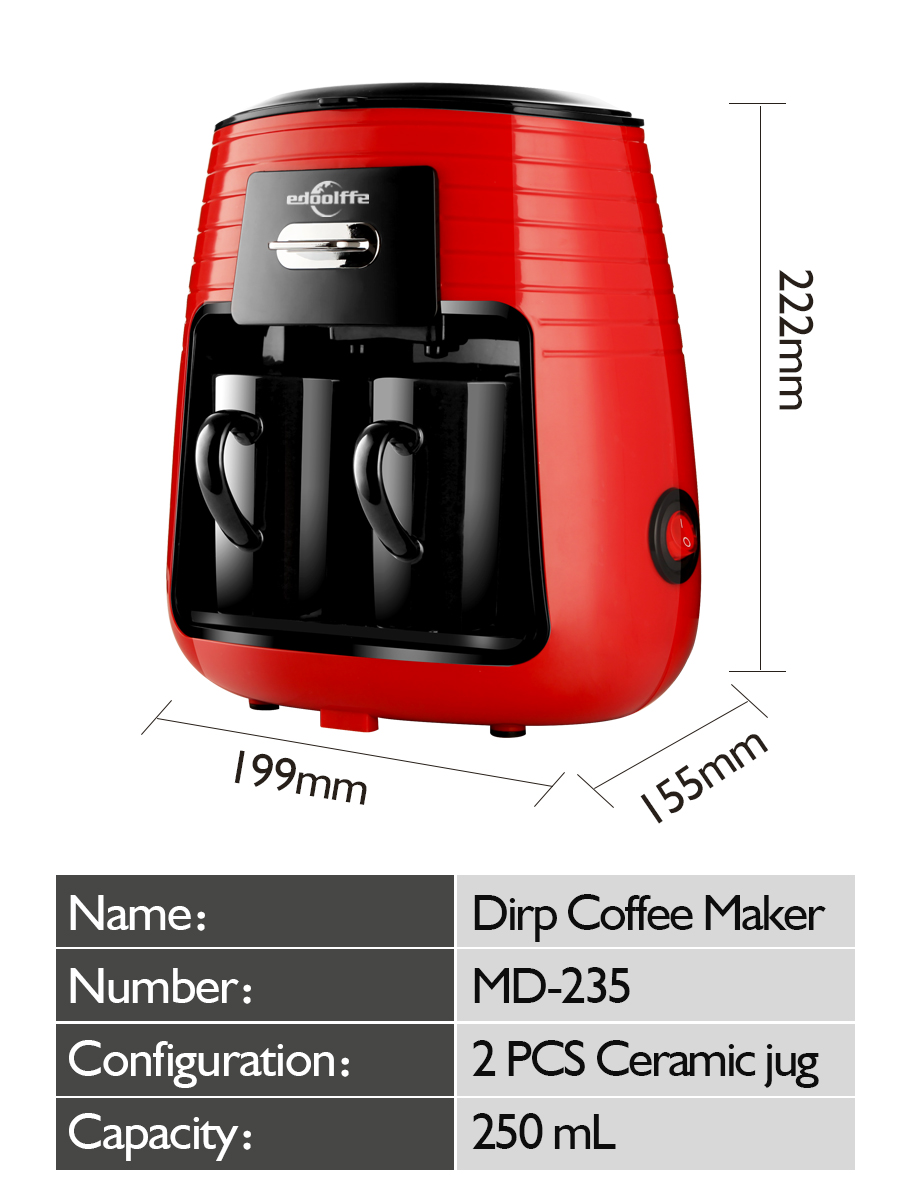 Mini American Drip Coffee Machine and Tea Maker 250ml 450W with 2 Black Ceramic Cups MD-235 Red