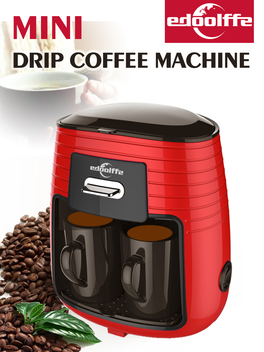 Mini American Drip Coffee Machine and Tea Maker 250ml 450W with 2 Black Ceramic Cups MD-235 Red