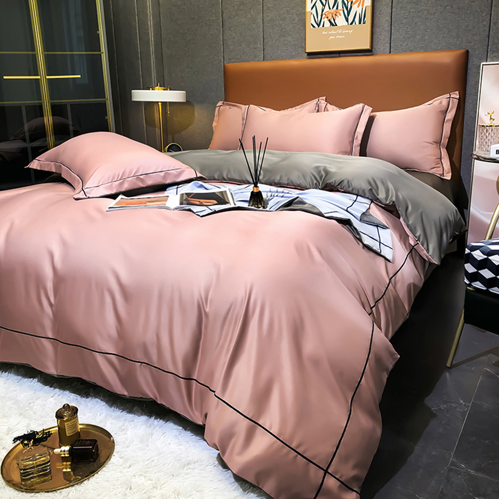4-Piece Silk Bedding Set, King Size Comforter Set, Warm in Winter and Cool in Summer Skin-Friendly Breathable Duvet Cover Set 2.0M Bed 200*230CM