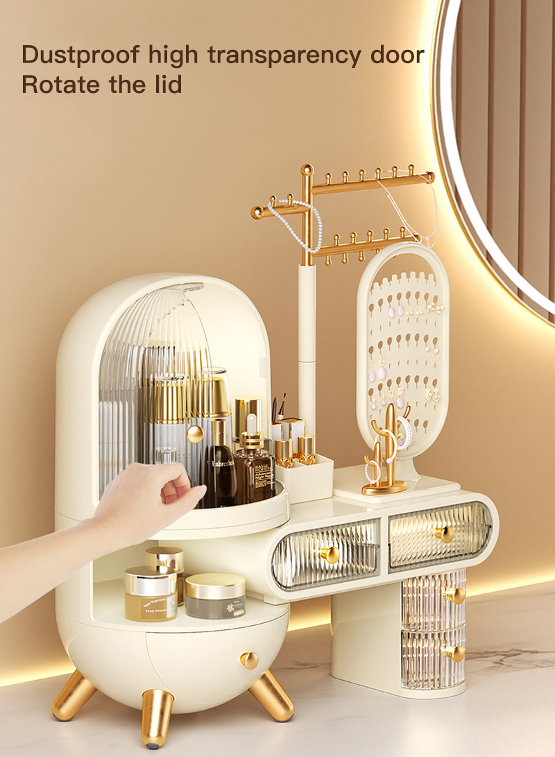 Cosmetic Storage Box, Desktop Dressing Table Jewelry Mirror, Integrated Large-capacity Cosmetics Display Cabinet, Scalable Adjustment
