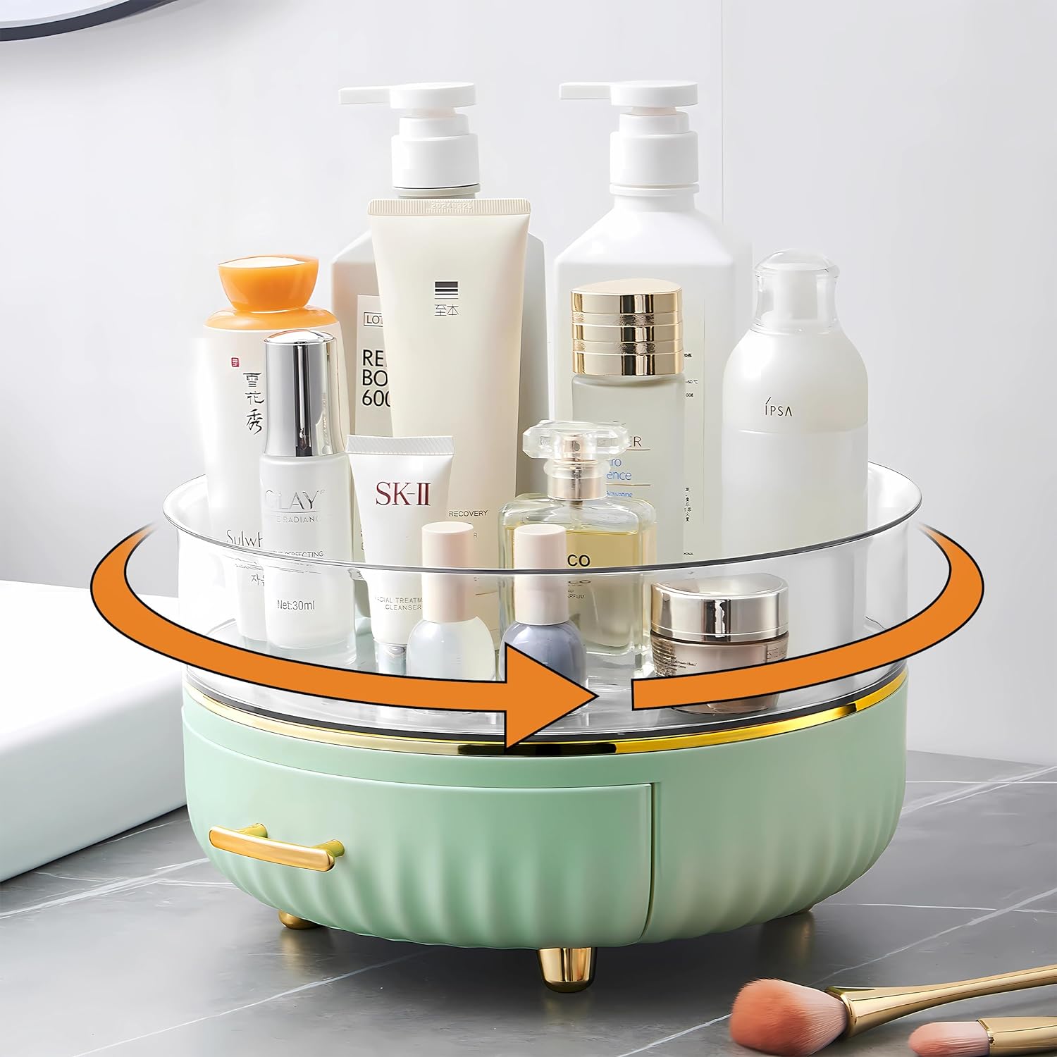 Makeup Skin Care Organizer for Dresser, Perfume Tray, 360 Degree Rotating Lazy Susan Cosmetic Storage, Contains a Drawer