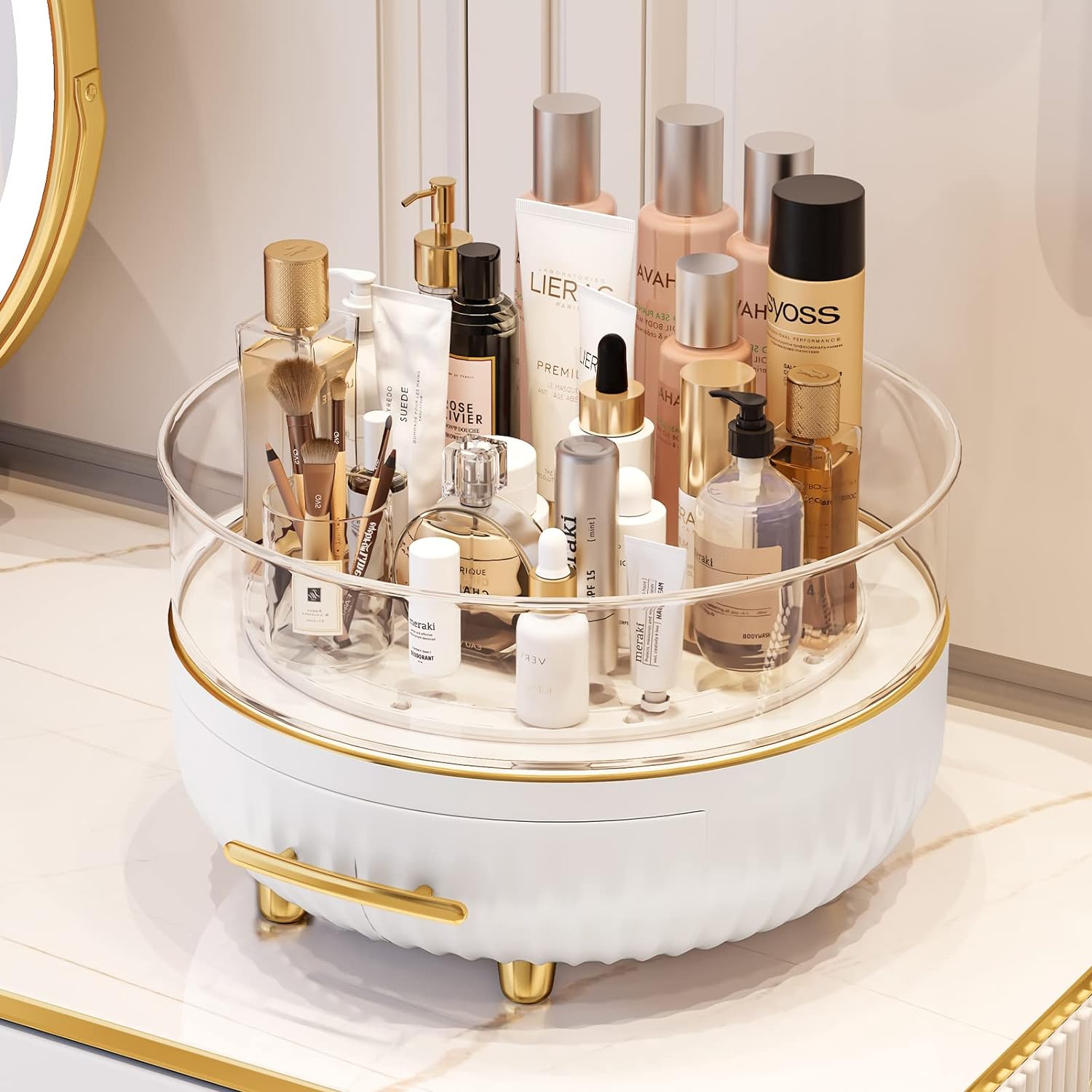 Makeup Skin Care Organizer for Dresser, Perfume Tray, 360 Degree Rotating Lazy Susan Cosmetic Storage, Contains a Drawer