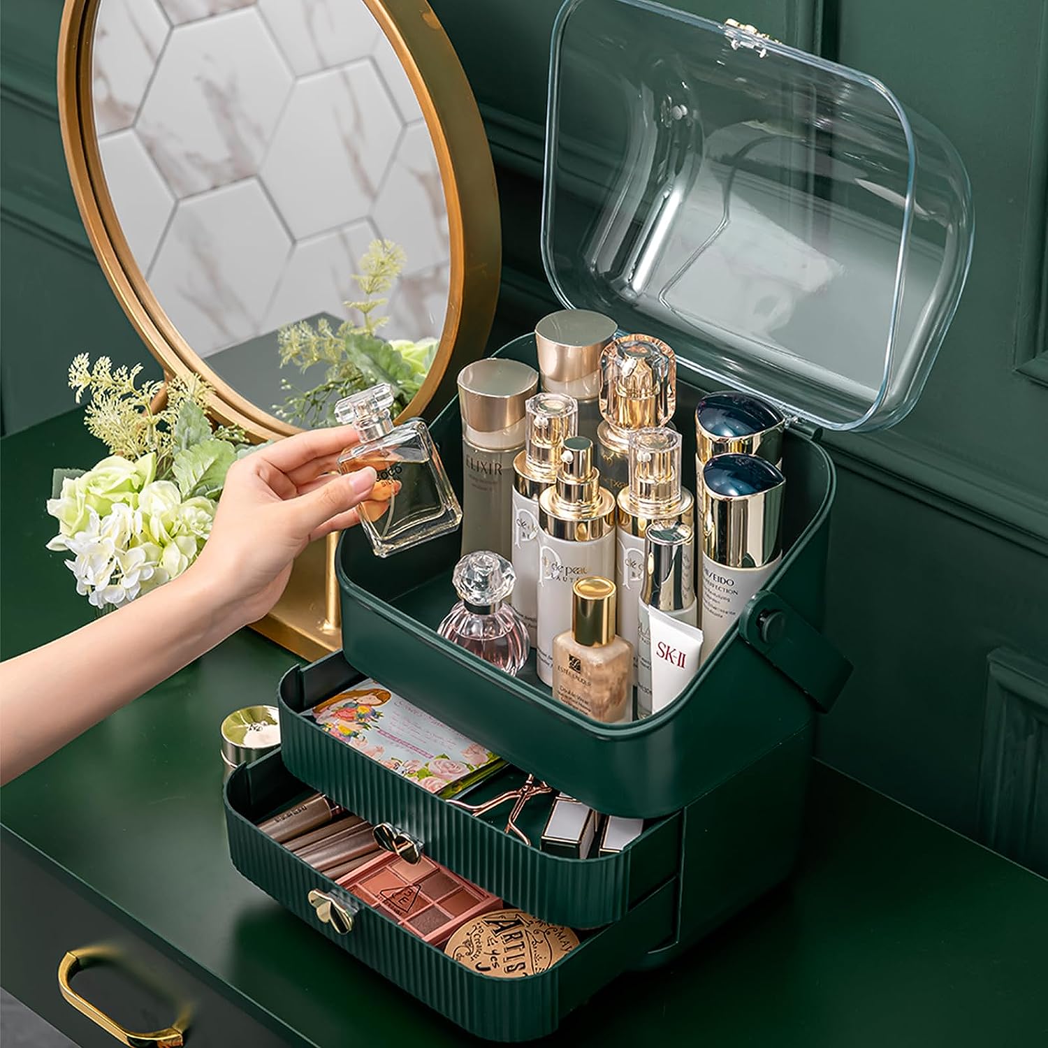 3 Tiers Makeup Organizer Holder Cosmetic Storage Box with Dust Free Cover Portable Handle 2 Rroomy Drawers,Great for Bathroom Countertop Bedroom Dresser
