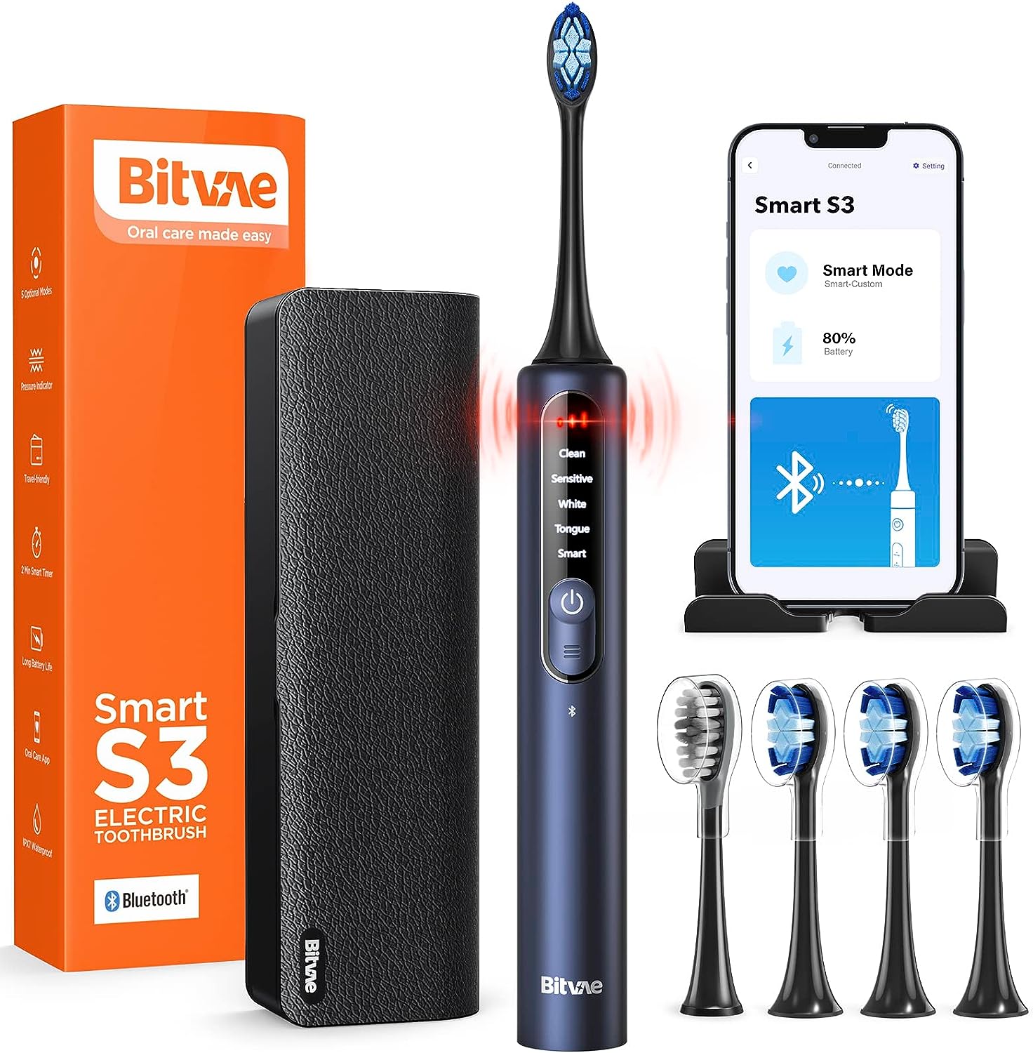 Bitvae Smart S3 Sonic Electric Toothbrush for Adults, 180-Day Battery Life Rechargeable Electric Power Toothbrush with Pressure Sensor, Electric Toothbrush with 4 Brush Heads, Travel Case, Dark Blue