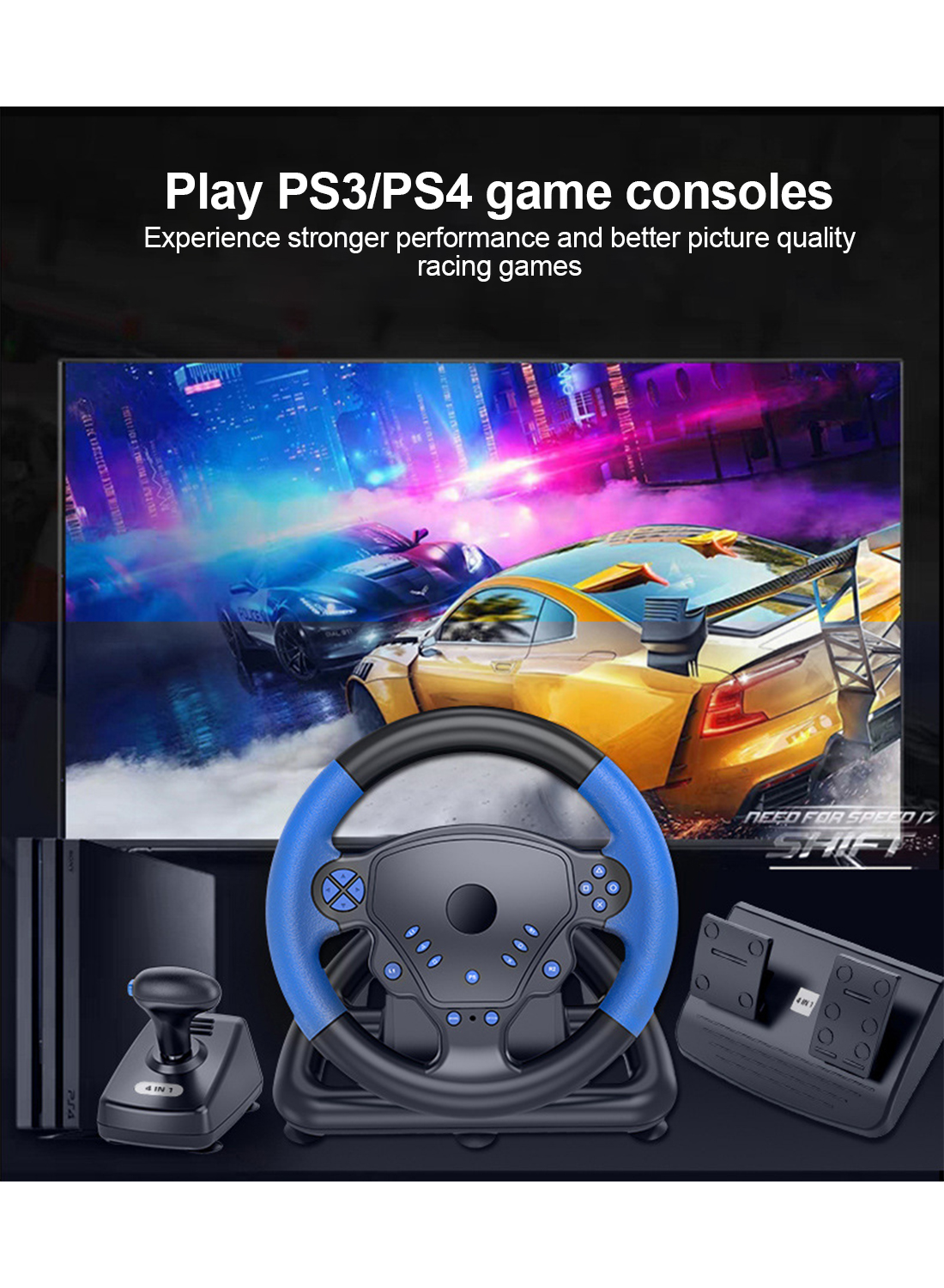 180 Degree Gaming Steering Wheel with Pedals and Gear Lever Supports wired or Bluetooth Connection for PS4/PS3/Pc/Android/IOS