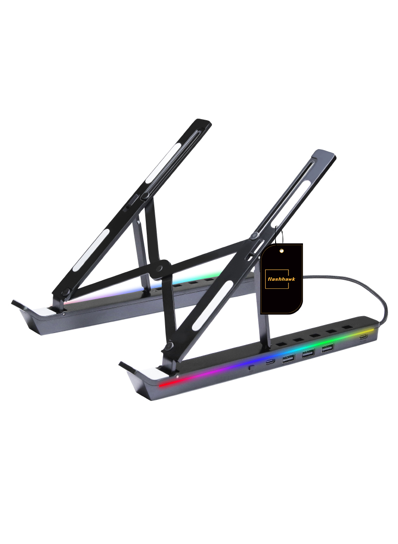 Adjustable Aluminum Alloy RGB Laptop Stand Holder with 3 USB-A 3.0 and USB-C 2.0 Hub