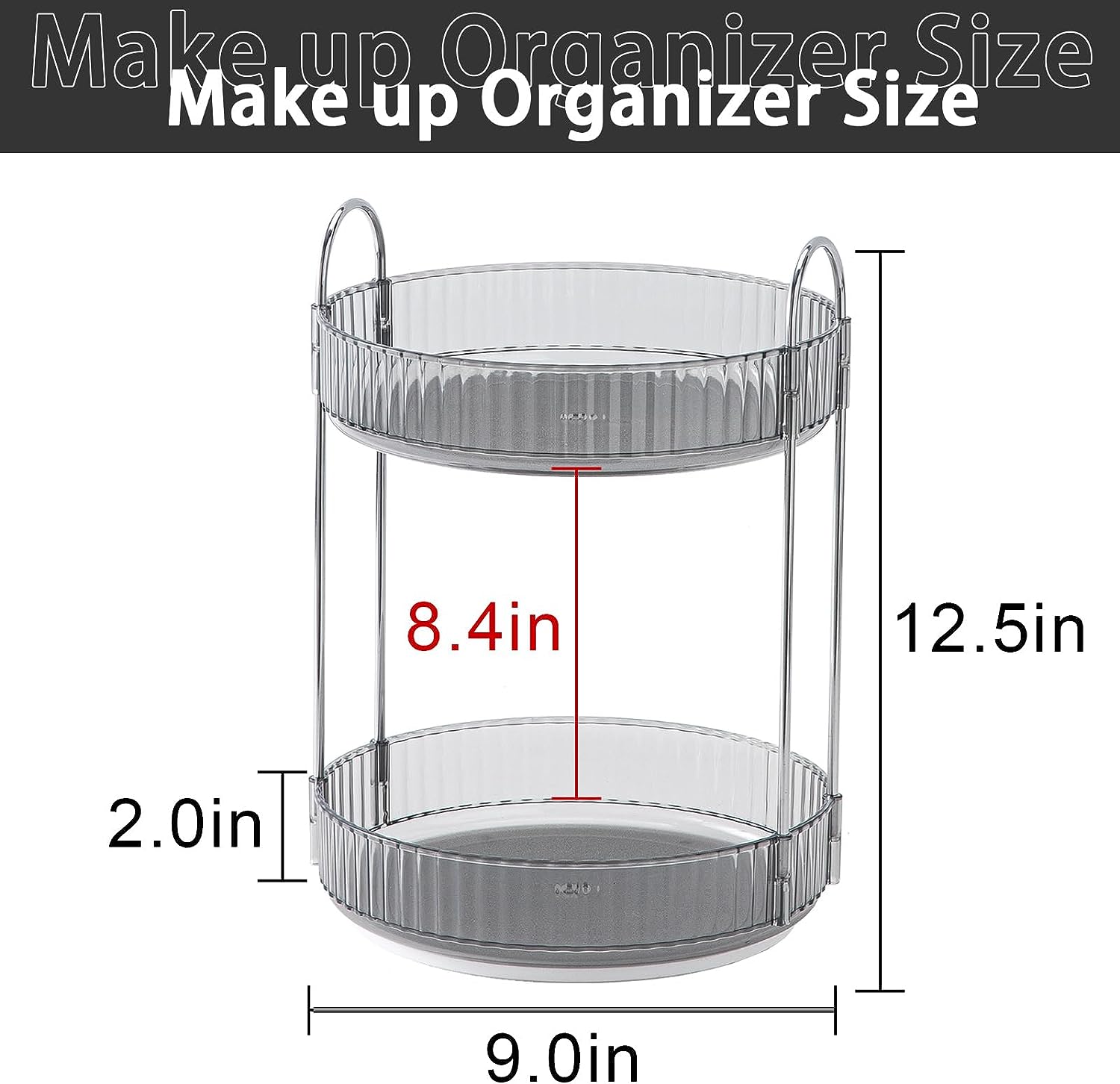 Rotating Makeup Organizer for Vanity, High-Capacity Skincare Clear Make Up Storage Perfume Organizers Cosmetic Dresser Organizer Countertop 360 Spinning（2 Tier-Grey）