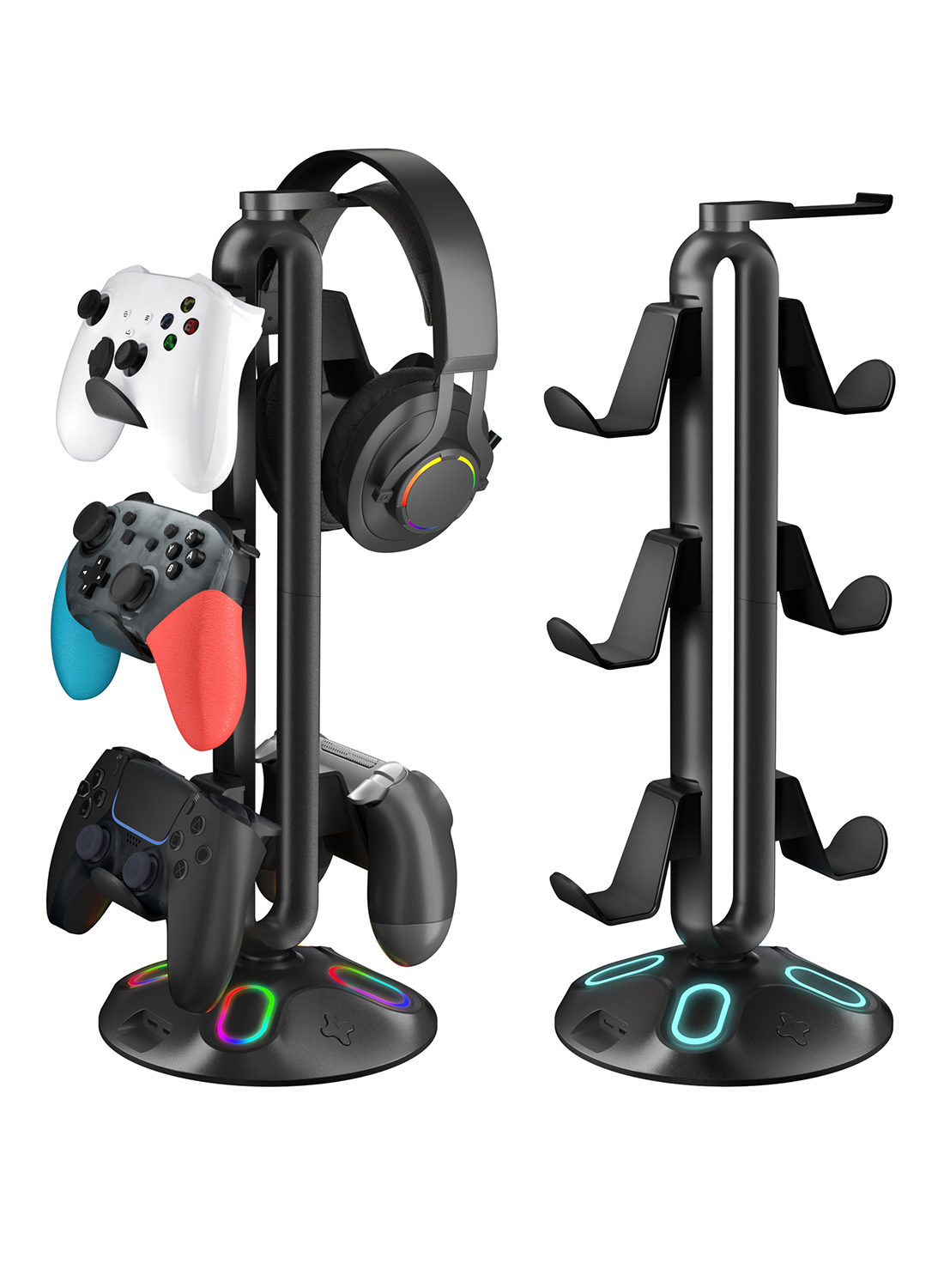 3-Layer Controllers Holder Display Stand with RGB Light and USB Ports for Game Controllers/Headsets/Consoles/Mobile Phones Tablet