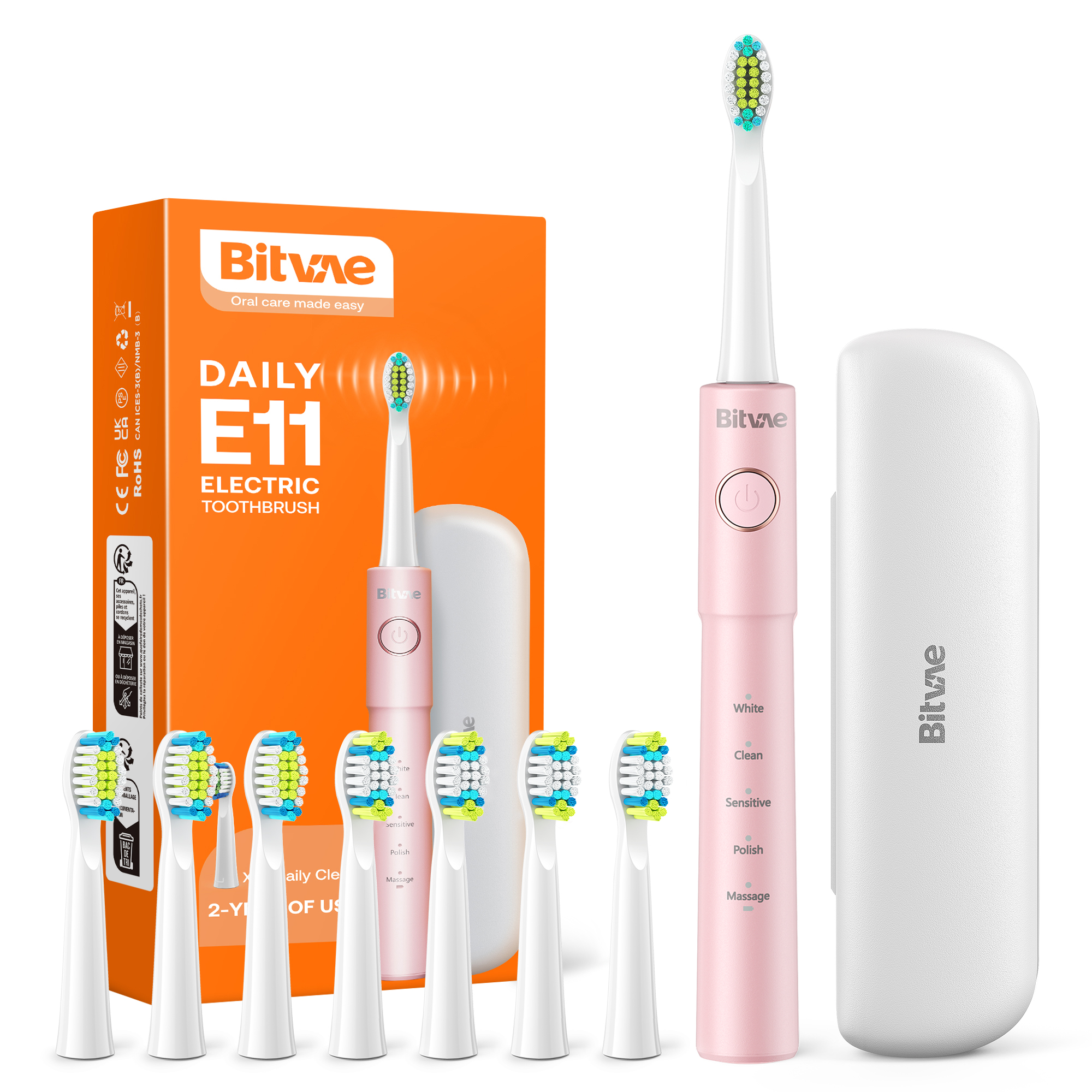 Bitvae Ultrasonic Electric Toothbrush - Rechargeable Sonic Electric Toothbrush for Adults and Kids, Power Toothbrush, 8 Brush Heads, Smart Timer, Fast Charge, Pink