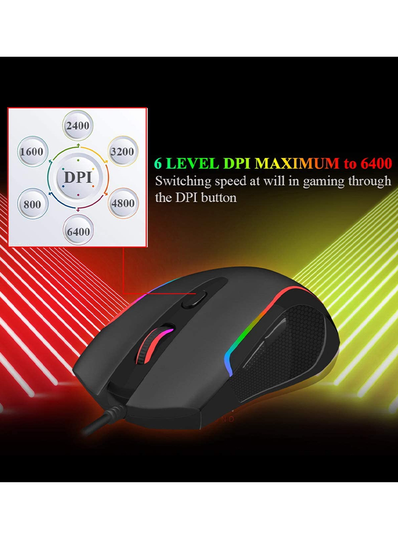 X-7 Gaming Mouse Wired RGB Backlit with Macro-Recording, 6400 DPI Adjustable, Ergonomic Gaming Mice with for Windows 7/8/10/XP Vista Linux Black