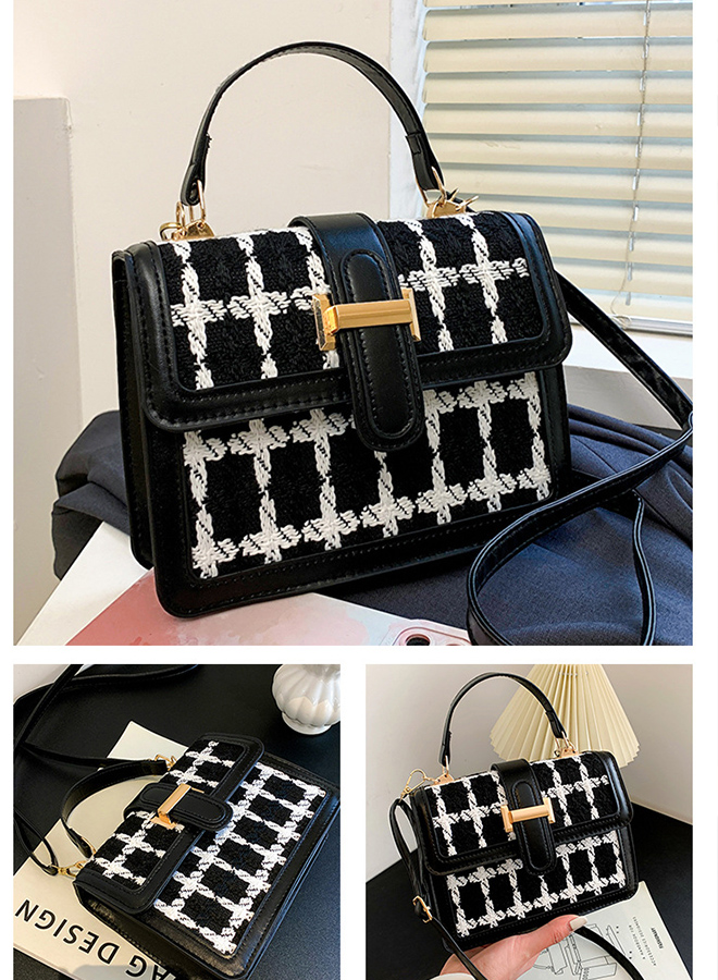 Elegant Casual Ladies Checked Handbag for Women Adjustable Shoulder Strap Vintage Lock Cross-body Bag 20 x 16 x 6cm