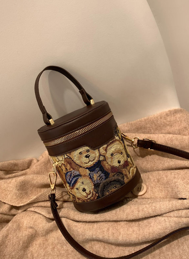 Cute Bear Printed Ladies Zipper Round Bucket Handbag Cross-body Shoulder Bag for Women 12 x 14.5 x 11cm