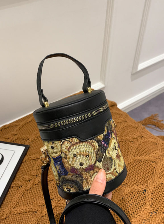 Cute Bear Printed Ladies Zipper Round Bucket Handbag Cross-body Shoulder Bag for Women 12 x 14.5 x 11cm