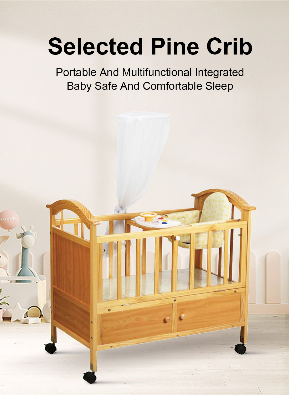 Baby Crib Multifunctional Pine Pearl White Bed Newborn Baby Cradle Bed 0-3 Years Old Baby Crib with Rollers