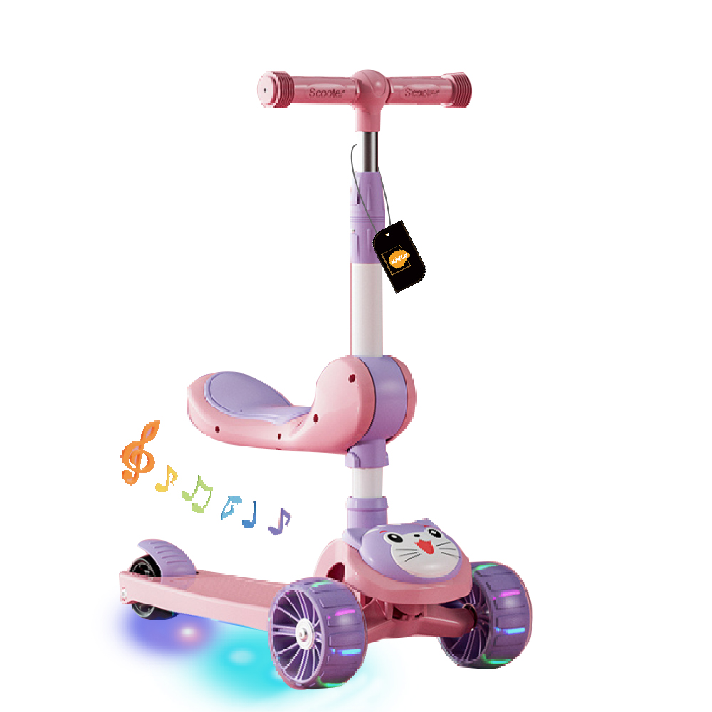 Two-in-one Children's Scooter Can Sit And Ride Led Light Flashing Wheel, Adjustable Height Foldable Scooter Removable Seat, Outdoor Activities For Boys Girls
