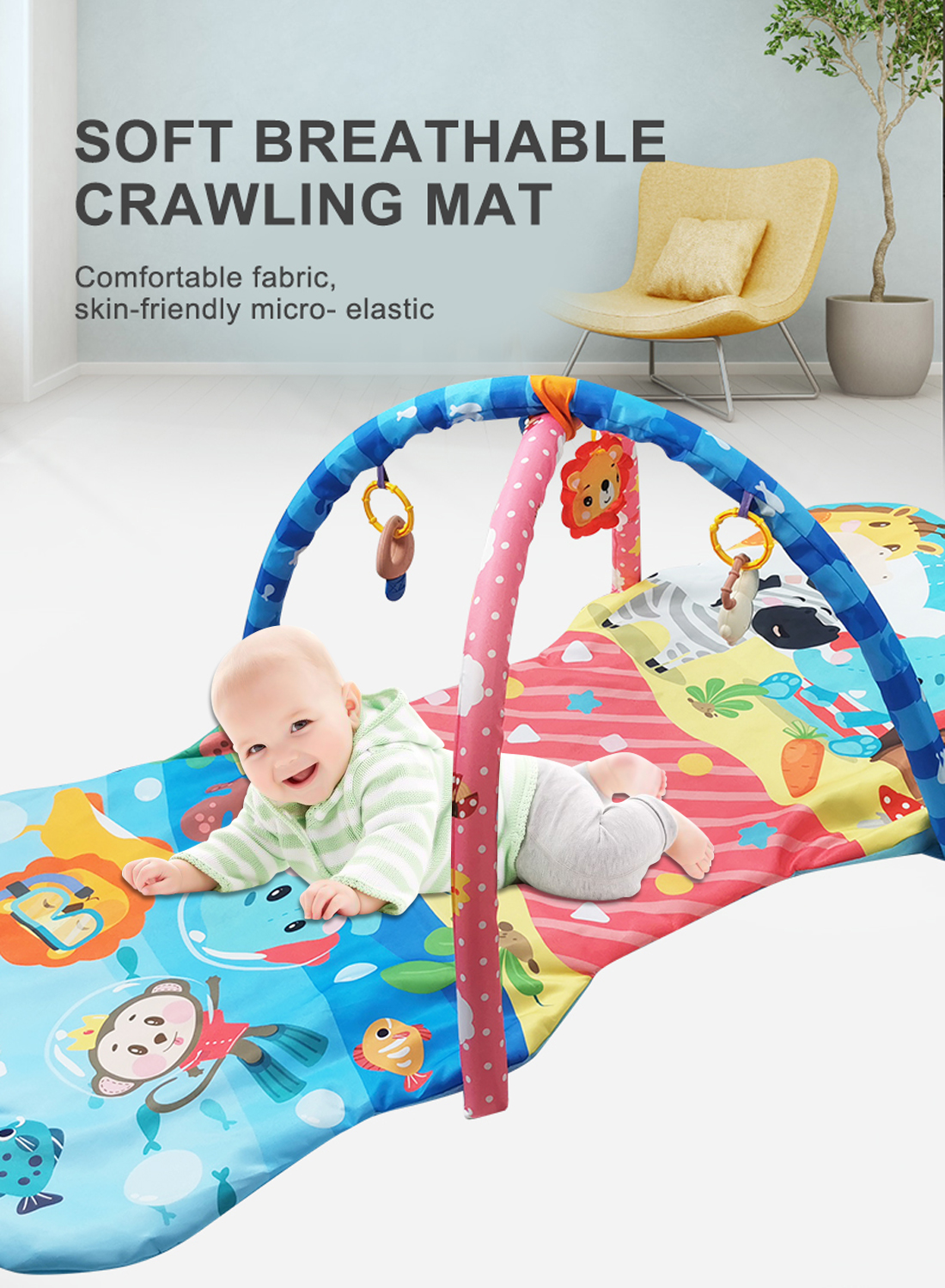 4-in-1 Baby Play Gym Mat, Baby Activity Gym with 3 Detachable Toys for Newborn Stage-Based Sensory and Motor Skill Development