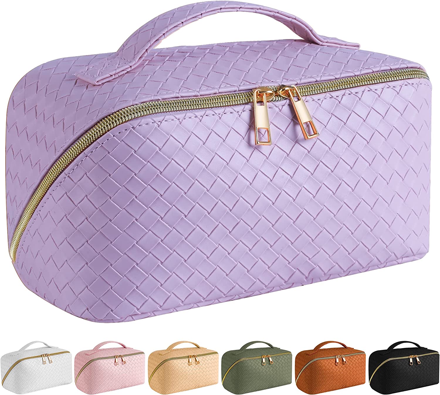 Large Capacity Travel Cosmetic Bag - Makeup Bag, PU Leather Waterproof Cosmetic Bag, Women Portable Travel Makeup Bag With Handle and Divider Flat Lay Makeup Organizer Bag