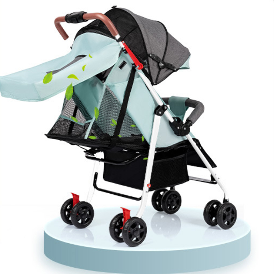 Multifunctional portable folding baby stroller, four wheeled stroller for sitting and lying baby, one button retraction