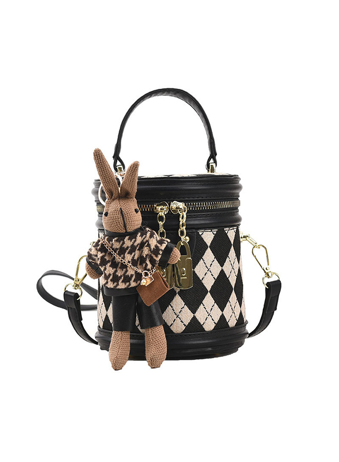 Rhombic Casual Ladies Handbag for Women Bucket Shoulder Cross-body Zipper Bag with Cute Rabbit Doll Pendant 19 x 15 x 8cm