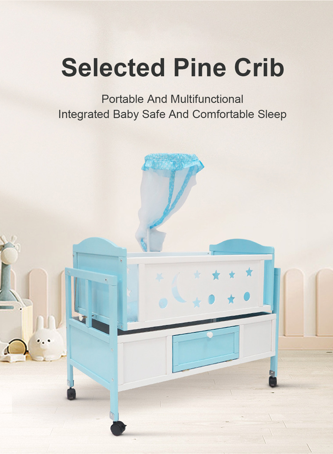 Baby Crib Pine Wood Chinese Baby Rocking Bed with Rollers Multifunctional Pine Wood Enlarged Game Bb White Bed Wholesale