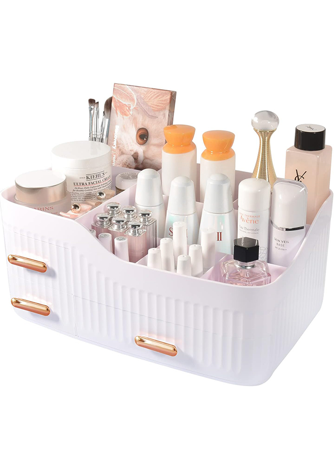 Makeup Organizer for Vanity, Large Cosmetic Organizer Countertop, Makeup Organizer with Drawers for Vanity, Lipstick, Brushes, Lotions and Jewelry Bathroom Counter or Dresser for Cosmetics-White