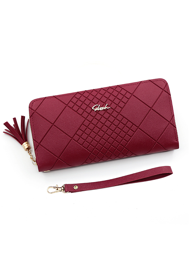 Casual Rhomboid Impression Large Capacity Ladies PU Leather Clutch for Women Long Wallet Zipper Phone Money Bag Card Holder with Strap and Pendant 19.5*10*2.5cm