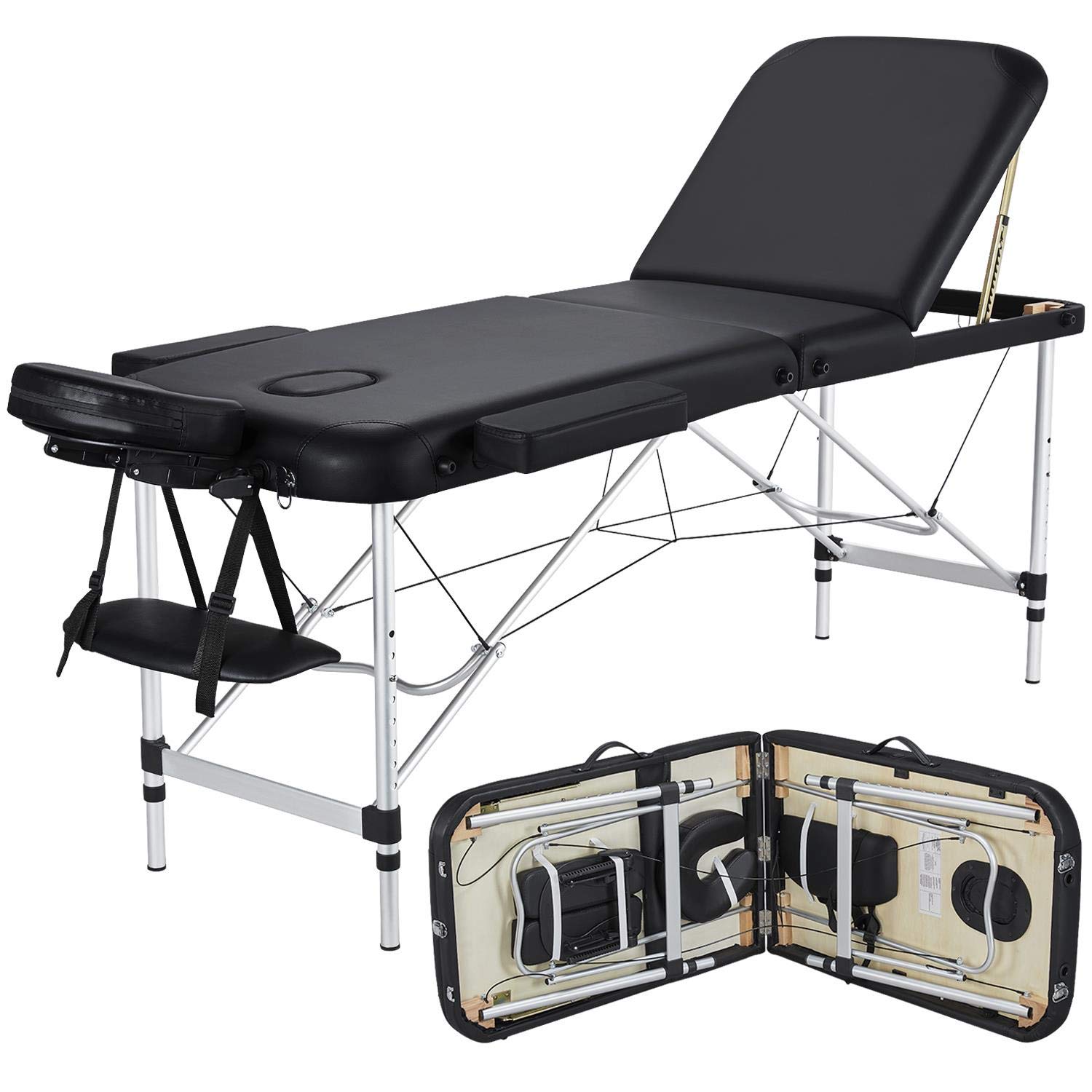 Massage Tables Portable Lash Bed for Eyelash Extensions Aluminium Tattoo Table Height Adjustable Spa Bed Lightweight with Non-Woven Bag, Black 186*60*82cm