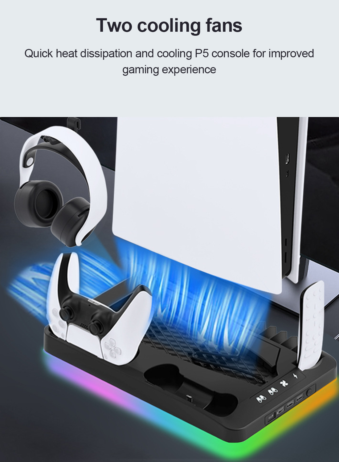 PS5 Cooling Base with RGB Light, Headphone Hook, Game Disc Case Storage And Controller Charging Base