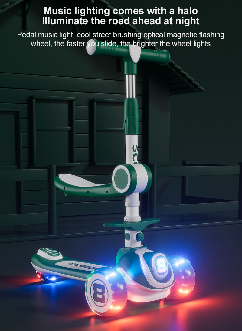 Three-in-one Children's Scooter Can Sit And Ride Led Light Flashing Wheel, Adjustable Height Foldable Scooter Removable Seat, Outdoor Activities For Boys Girls
