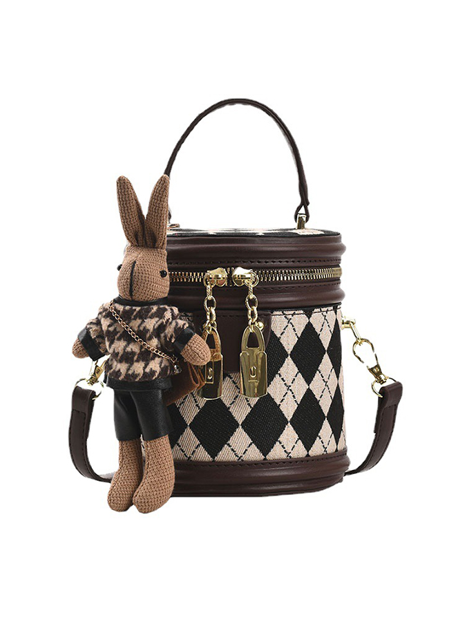 Rhombic Casual Ladies Handbag for Women Bucket Shoulder Cross-body Zipper Bag with Cute Rabbit Doll Pendant 19 x 15 x 8cm