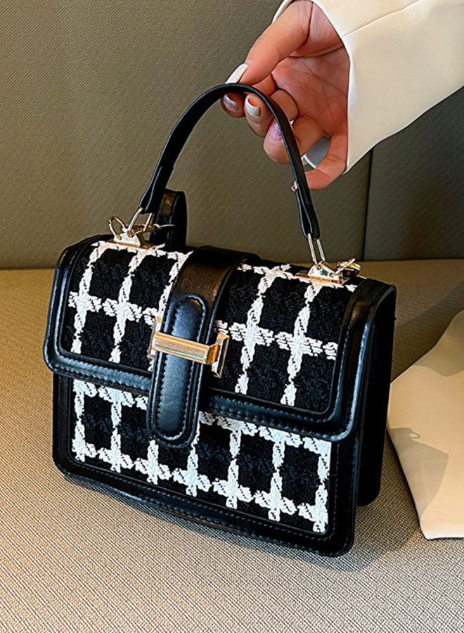 Elegant Casual Ladies Checked Handbag for Women Adjustable Shoulder Strap Vintage Lock Cross-body Bag 20 x 16 x 6cm