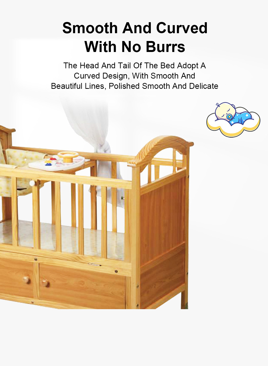 Baby Crib Multifunctional Pine Pearl White Bed Newborn Baby Cradle Bed 0-3 Years Old Baby Crib with Rollers