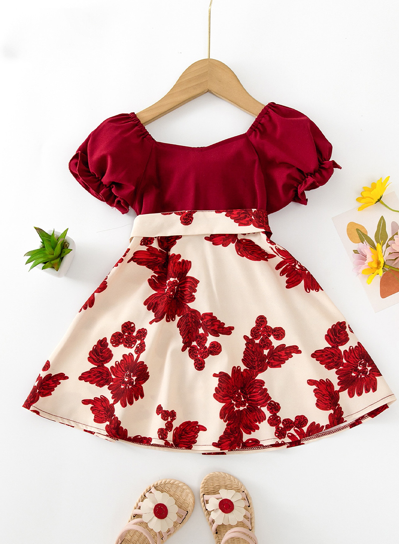New European And American Style Children's Skirts, Cute And Fashionable, Floral Lantern Sleeves, Children's Dresses, Trendy
