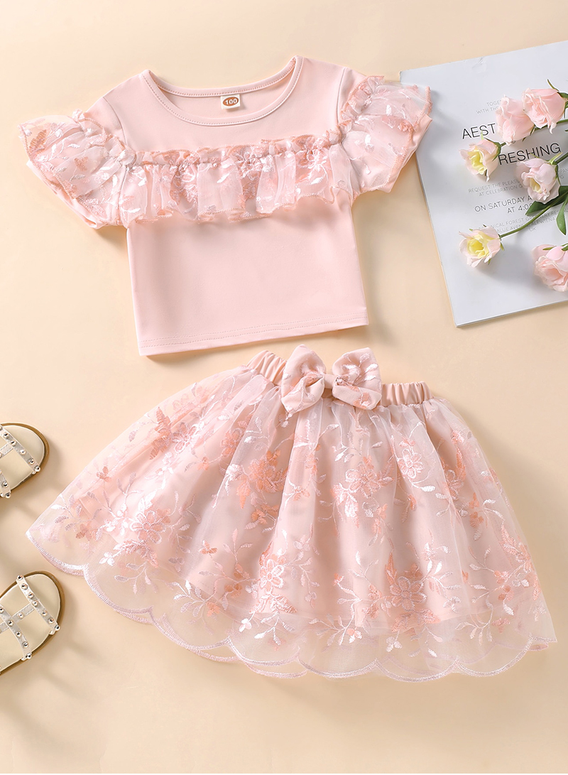 Children's Clothing Girls Short-sleeved Stitching Lace Top Mesh Embroidered Wavy Skirt Two-piece Set