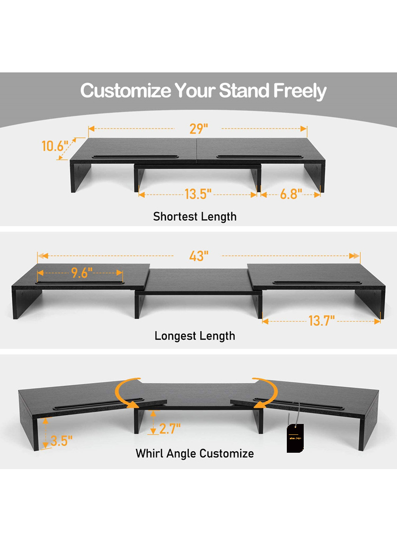 Dual Monitor Stand -Adjustable Length and Angle Dual Monitor Riser, Computer Monitor Stand w/2 Slot, Desktop Organizer, Monitor Stand Riser for PC, Computer, Laptop (Black)