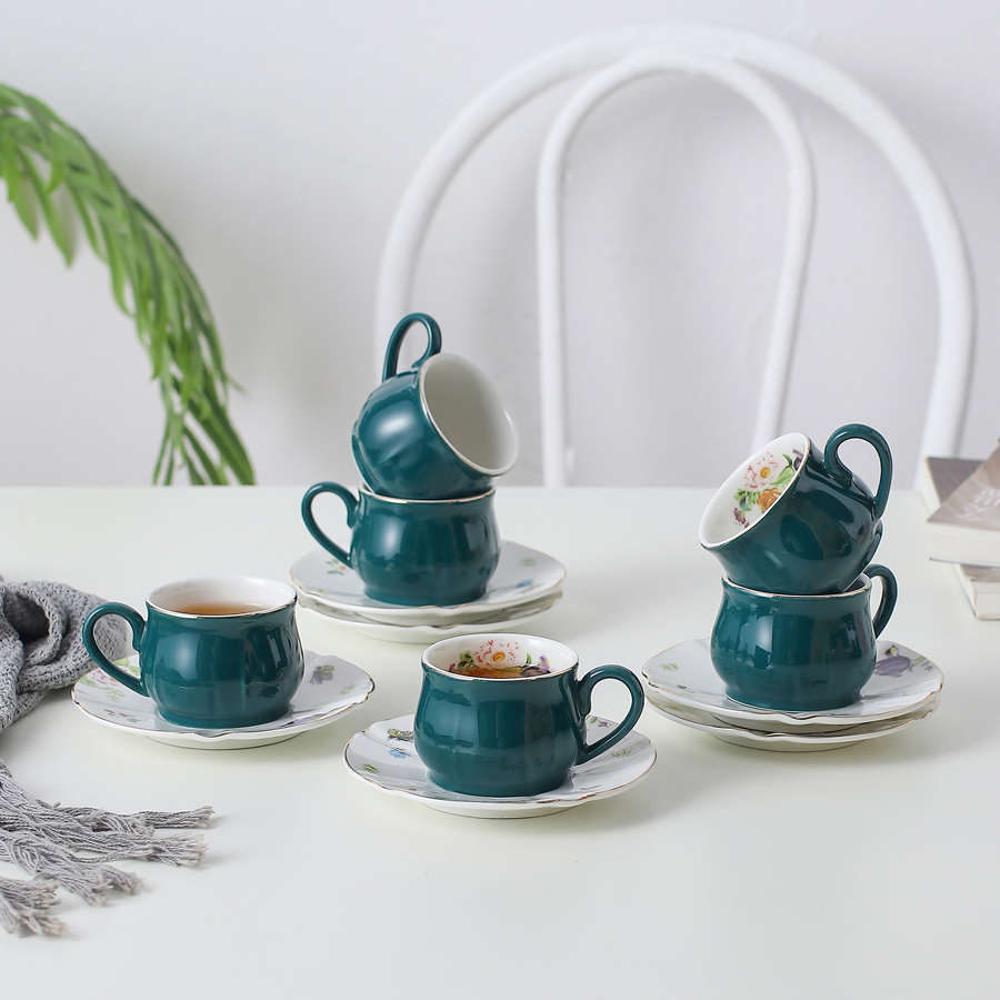 A 6-piece Set Of 115ml Small Five Leaf Ceramic Cup And Saucer