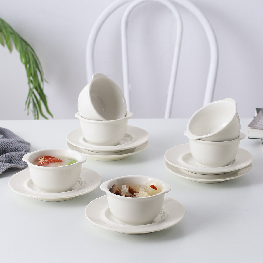 6 Piece Set Of White Double Ear Ceramic Cups And Dishes