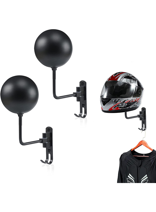 2-pcs Set Motorcycle Helmet Rack, Helmet Wall Mount Holder, 180° Rotation with 2 Hooks for Motorcycle Bike Racing Coats Suit Caps Baseballs Rugby Helmets