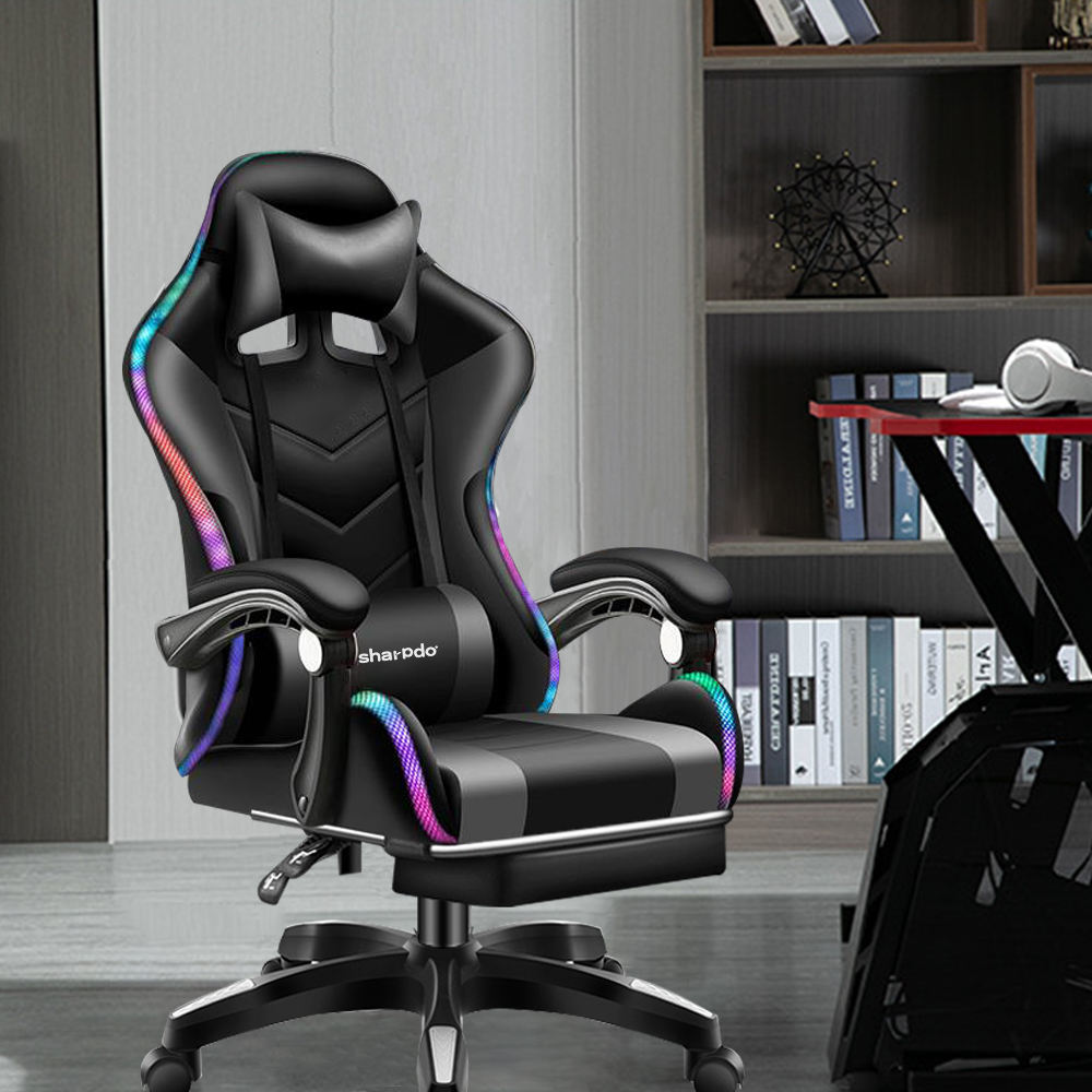 Modern and Adjustable Gaming Chair with RGB Light for Home and Office, High Back Computer Leather Chair Ergonomic Swivel Chair with Headrest and Lumbar Support
